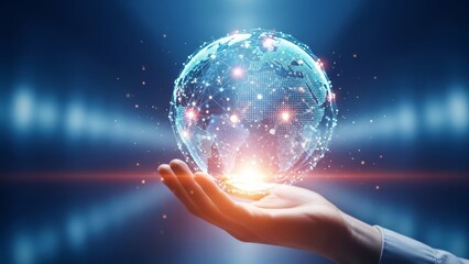 A hand holding a glowing digital globe in a dark, futuristic setting