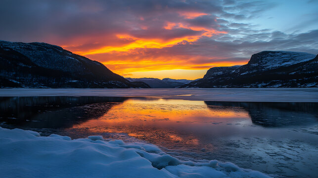 A serene winter landscape with a frozen lake and mountains at sunset - Powered by Adobe