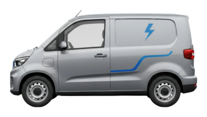 Electric van driving through city streets urban environment action isolated on transparent background