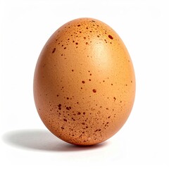 An egg stands alone against white, showing brown freckled shell & a shadow