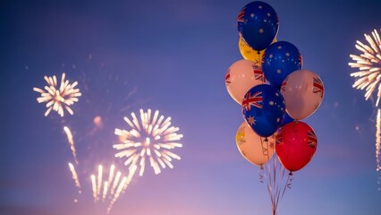 Balloons featuring Australian flags floating in a twilight sky with fireworks displays