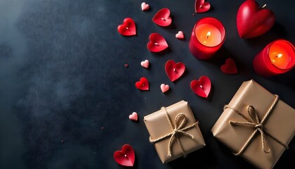 Love Theme Flat Lay Featuring Valentine Hearts, Candles, and Gifts