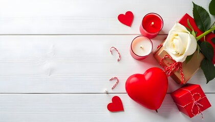 Romantic Flat Lay with Candles, Red Hearts, Rose, and Gifts on White Table