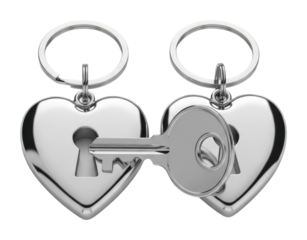 Unlocking love heart-shaped keychains for romantic gifts isolated on transparent background