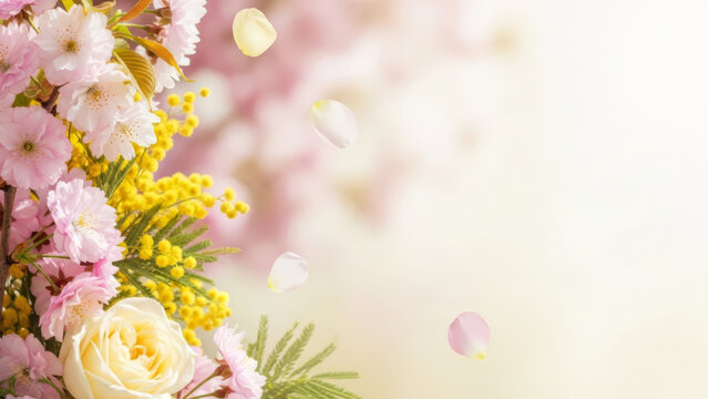 Spring floral greeting card template with cherry blossoms, mimosa and rose on pastel background. - Powered by Adobe