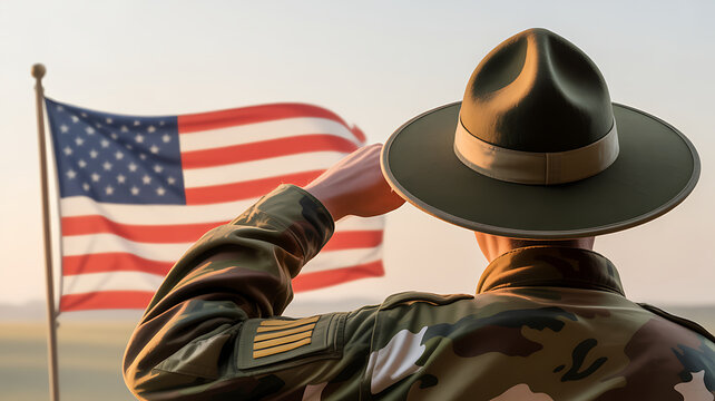 Us army drill sergeant in uniform saluting the american flag at sunrise with a soft golden glow