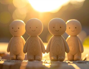 Four wooden figures hold hands smiling, backlit by bright sunlight