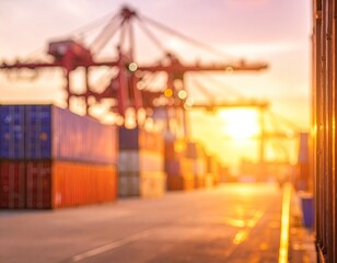 Golden hour at a busy port, with shipping containers and cranes