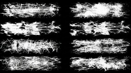 Abstract White Grunge Brush Strokes on Black Background Set.