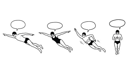 Black and white line art illustration of four swimmers in various poses with speech bubbles