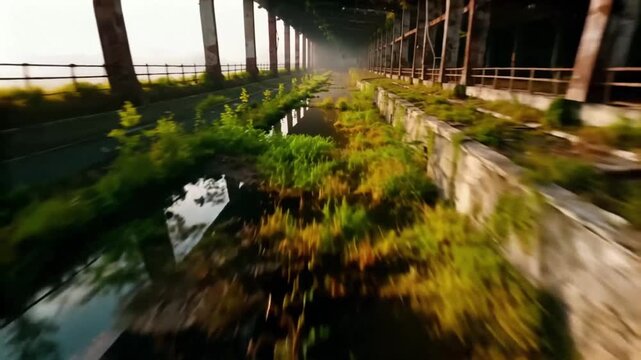 Drone view of a gigantic unfinished urban megastructure, skeletal mall or office complex reclaimed nature. Green stagnant water pools, rusted steel, cracked concrete, vines weeds overtaking walkways