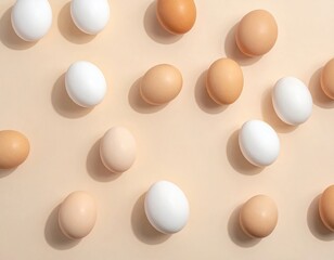 Overhead view of speckled eggs, white and brown, scattered on beige