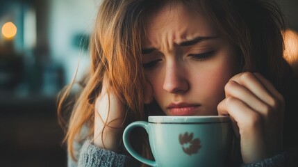 Young woman with worried expression gently holding a light blue floral mug looking down while experiencing stress or deep thought on a dark day indoors