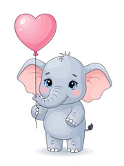Obraz premium Cute Baby Elephant Holding Heart Balloon Pastel Illustration