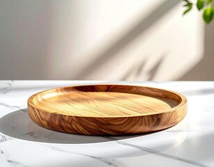 Wooden serving tray on marble with sunlight shadows and greenery