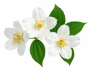Sprig of white flowers with yellow centers and green leaves