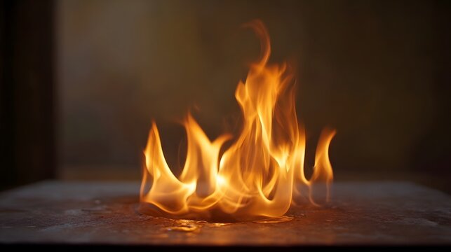 A vivid orange flame flickers and dances emitting warmth and light against a dark blurred background