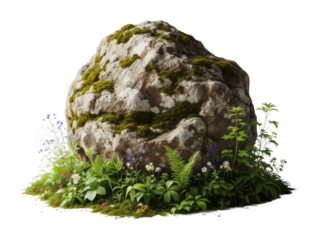 Nature scene featuring mossy rock surrounded by wildflowers isolated on transparent background