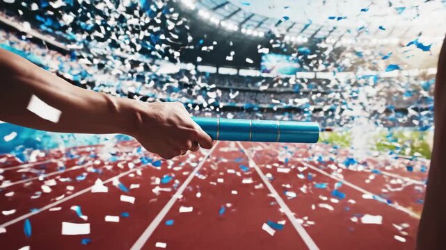 Closeup of relay baton exchange on track with confetti in stadium, 4k