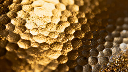 Close-up of golden honeycomb texture with reflective surface and hexagonal patterns