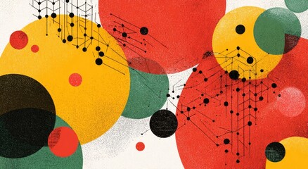Abstract composition of colorful circles and connected dots, suggestive of networks