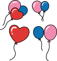 Colorful balloon vector set, hand drawn doodle of red heart shaped and round pink and blue balloons for birthday or party celebration