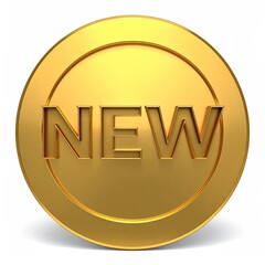 Shiny gold coin with embossed "NEW" text, slightly shadowed, against white