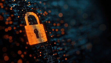 Glowing orange padlock against dark blue background with blurred lights representing cyber security