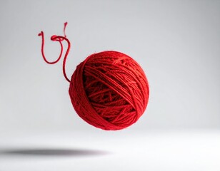 Vivid red yarn ball floating with loose thread against a neutral backdrop