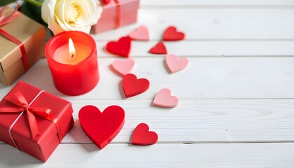 Valentine&rsquo;s Day Composition with Red Hearts, White Rose, and Gift Boxes