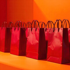 A row of red shopping bags against an orange wall and shelf