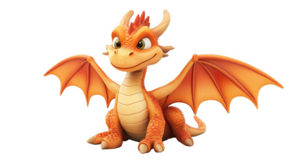 A cute, friendly, and slightly mischievous 3D rendered orange dragon with large wings and small horns, sitting calmly and looking directly at the viewer.