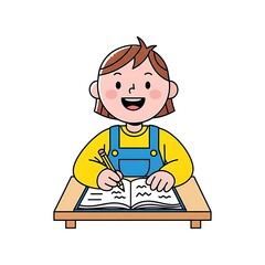 A cheerful young student happily engaged in writing at her school desk bright illustration