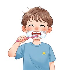 A happy boy brushes teeth with bubbly foam a delightful morning routine for a healthy