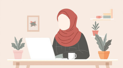 Fototapeta premium Muslim Working From Home During Ramadan Flat Lifestyle Vector