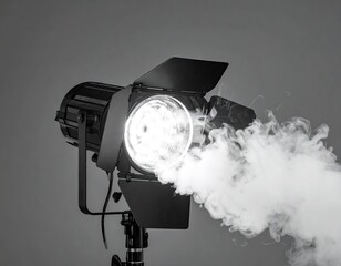 A studio lighting instrument with smoke emanating from its output