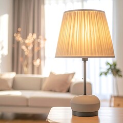 Brightly lit lamp on table, soft focus background, natural light