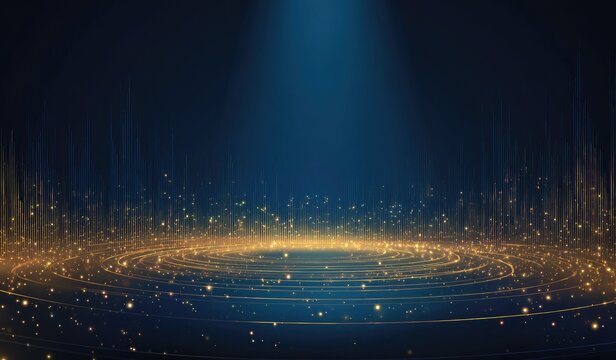 Glowing golden particles creating concentric circles on a dark blue background