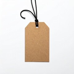 A blank, brown rectangular tag suspended by black string against a white backdrop