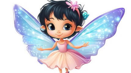 A cute, dark-haired cartoon fairy with sparkling blue and purple wings and a pink dress smiles sweetly, standing on a black background.