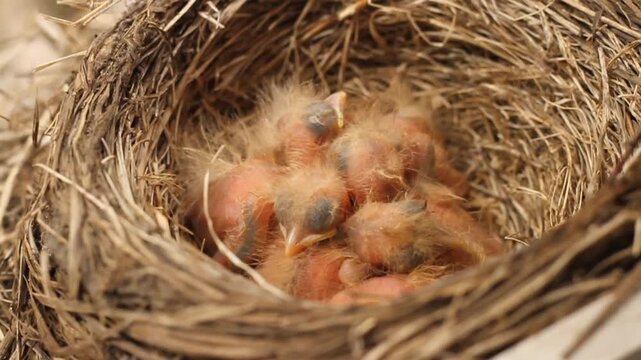 Tiny little newly hatched chicks in the nest. Fieldfare (Turdus pilaris).