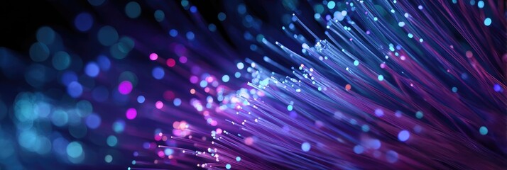 Close-up of glowing optical fibers with bokeh highlights in purples and blues on a black backdrop