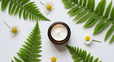 Aesthetic flat lay featuring ferns daisies and a cosmetic cream in a dark jar