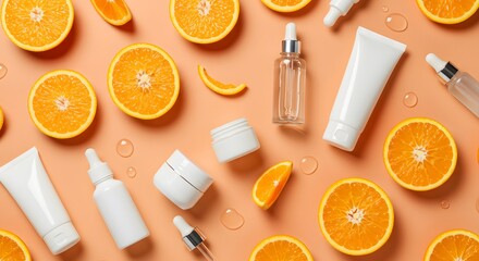 Fresh oranges and skincare products arranged on a vibrant orange background a citrus beauty theme