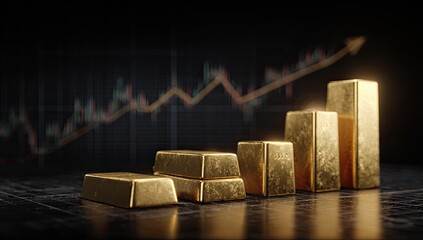 Golden bars arranged in a growing bar graph format with a rising stock market background