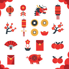 Lunar new year of a large grid of pixel art icons featuring lanterns, dragon, coins, plum blossoms, and zodiac pig