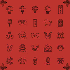 Lunar new year of black line art icons set featuring zodiac animals, lanterns, and traditional symbols on red background