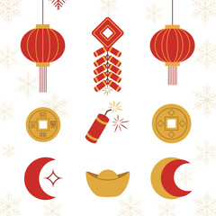 Lunar new year of pixel art icons with lanterns, firecrackers, gold coins, ingot, and crescent moons on a snowy background