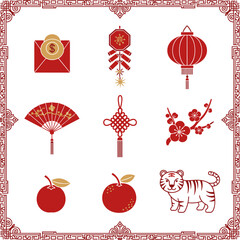 Lunar new year of Year of the Tiger celebration symbols with a tiger, fan, red envelope, lantern, and plum blossoms