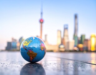 Miniature Earth globe resting before a blurred city skyline